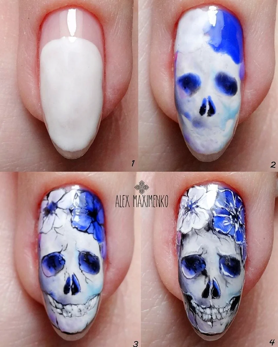 Рисунок черепа на ногтях